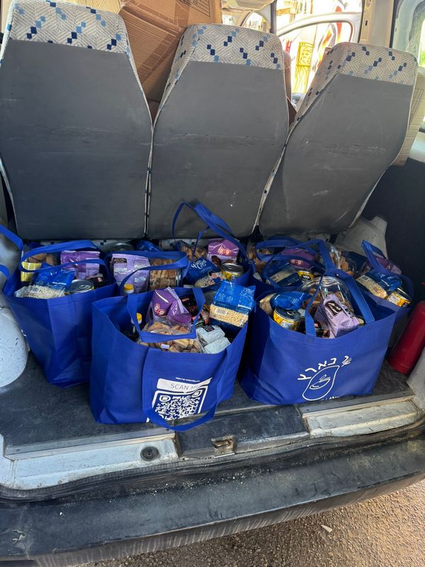 Blue food bags loaded in the back of a van